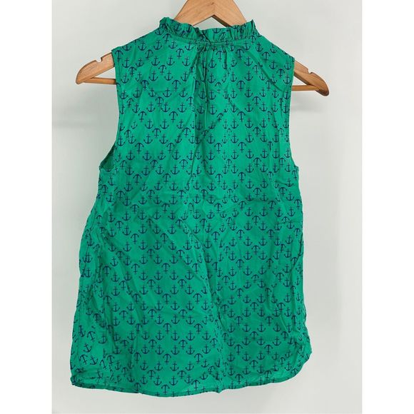 Talbots Tank Top Women Small Petite Green Blue Anchor Ruffle Neck Button Up - Picture 1 of 12